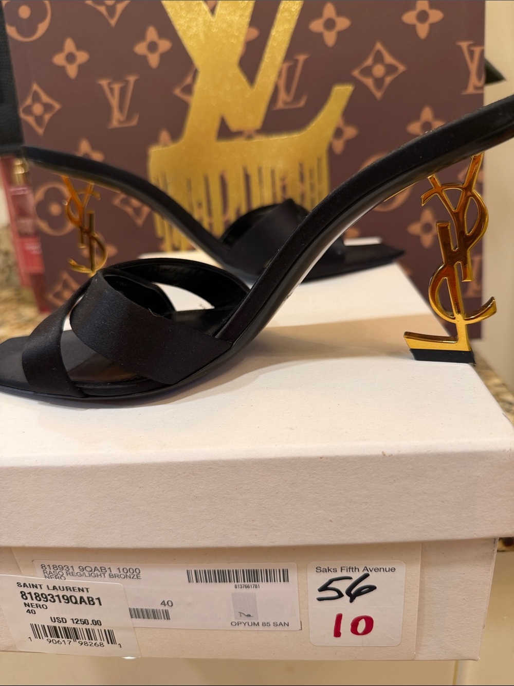 Yves Saint Laurent Black Satin Crisscross Logo-Heel Mule Sandals
